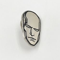 Silver enamel pin with black color logo