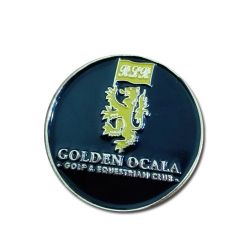 White writing with black background golf ball marker
