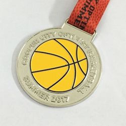 Metal basketball medal with ribbon