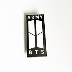 Black metal pin with white logo